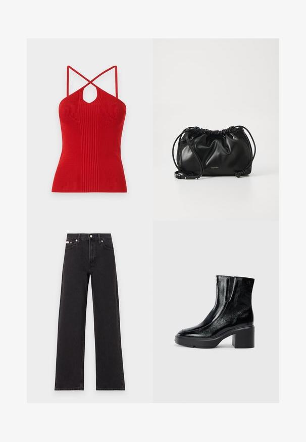 Red ribbed halter top featuring a keyhole cutout, thin cross-back straps, and a fitted shape. Made from a stretchy knit material.; Black wide-leg jeans made of denim, featuring a high-rise waist, five-pocket styling, and a metal button closure with contrasting stitching.; Black patent leather ankle boots with a curved toe, elastic side panels, and a chunky block heel. Features embossed logo on the back.; Black leather handbag with gathered design, dual drawstring closure, and detachable shoulder strap. Features metallic logo detail.