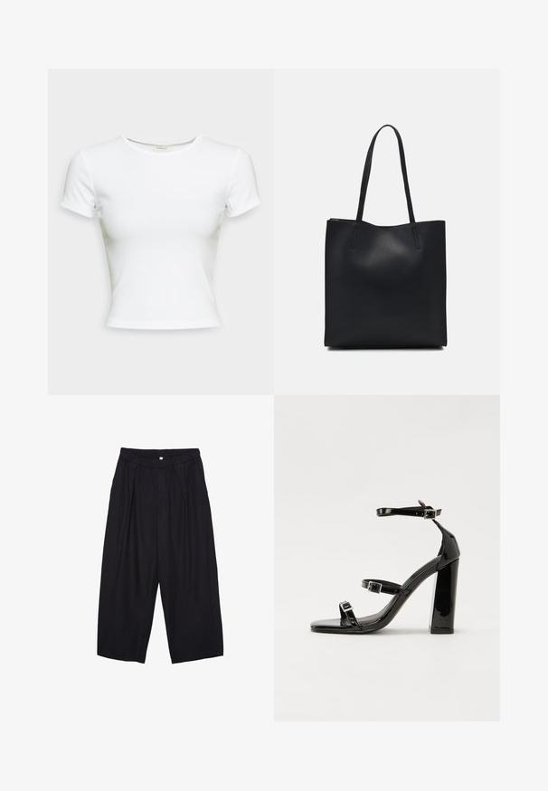 T-shirt bianco a maniche corte realizzato in tessuto di cotone morbido. Presenta un semplice scollo rotondo e una vestibilità aderente. Nessun motivo o dettaglio.; Pantaloni culotte neri in poliestere con una cintura elastica, due pieghe frontali e una silhouette ampia. Nessun motivo visibile o dettagli in metallo.; Sandali con tacco in vernice nera, con punta squadrata, cinturini alla caviglia e fibbie in argento. Presentano un tacco a blocco spesso per maggiore stabilità.; Borsa tote in pelle nera con texture liscia, forma rettangolare e due manici lunghi. Nessun hardware o decorazione visibile.