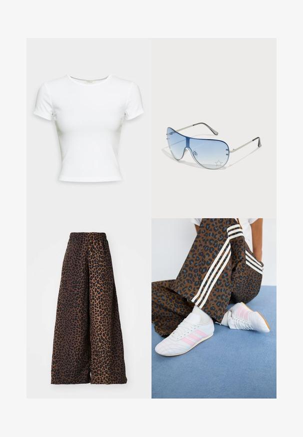 T-shirt branco de manga curta feito de tecido de algodão suave. Apresenta um decote redondo simples e um corte ajustado. Sem padrões ou detalhes.; Calças largas feitas de tecido suave, com um fundo castanho e um padrão de estampado de leopardo preto, e um cós elástico.; Tênis brancos de desporto com riscas cor-de-rosa, combinados com calças de padrão de leopardo castanho com riscas brancas nas laterais, sobre um tapete azul.; Óculos de sol aviador com lentes azuis em degradê, armação metálica prateada e detalhes decorativos de estrelas nas lentes. Design suave e elegante.
