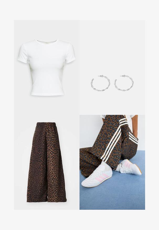 Balts īsām piedurknēm krekliņš, izgatavots no gludas kokvilnas auduma. Tam ir vienkārša apaļa kakla izgriezums un pieguloša piegriezuma stils. Nav rakstu vai akcentu.; Platas kājas bikses no gludas auduma ar brūnu fonu, kurā ir melna leopardu raksts, un elastīgu jostasvietu.; Baltas sporta apavi ar rozā svītrām, apvienoti ar brūnām leoparda raksta biksēm ar baltām sānu svītrām, uz zila paklāja.; Sudraba gredzenveida auskari ar savītu dizainu, kas ir ar pulētu apdari un ar aizmugurēju fiksāciju. Izmērs ir aptuveni 3 cm diametrā.