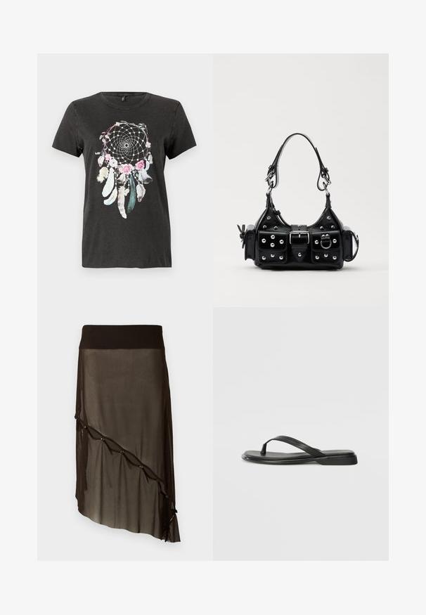 Tricou negru din bumbac, cu un design circular de capcana de vise, accentuat cu flori, pene și detalii de liniatură în culori pastel.; Fustă din plasă neagră, cu un talie ajustată, hem asymetric, nasturi decorativi pe față și textură transparentă în straturi.; Sandale negre din piele netedă, cu un design cu curea subțire și o talpă plată cu un profil minimalist. Fără modele sau accente notabile.; Geantă de piele neagră cu un design curbat, dotată cu studuri argintii, o cataramă și două buzunare laterale. Curea ajustabilă pentru opțiuni de transport.