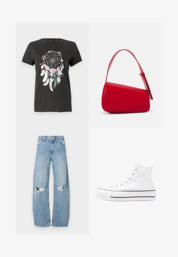 Crna pamučna majica s kružnim dizajnom hvatača snova uz cvjetne akcenta, perje i detaljnim linijama u pastelnim bojama.; Svijetloplave, visoko-strukirane traperice. Imaju široke nogavice, dva razderana područja na koljenima i klasičan stil s pet džepova.; Bijela visoka platnena tenisica s crnom gumenom potplatom, prednjim gumenim zaštitnikom prstiju i šest rupa za vezanje, s čistim, minimalističkim dizajnom.; Crvena kožna torba s kutnim, geometrijskim dizajnom. Ima jedan podesivi remen i preklopni zatvarač sa šivenim detaljima.