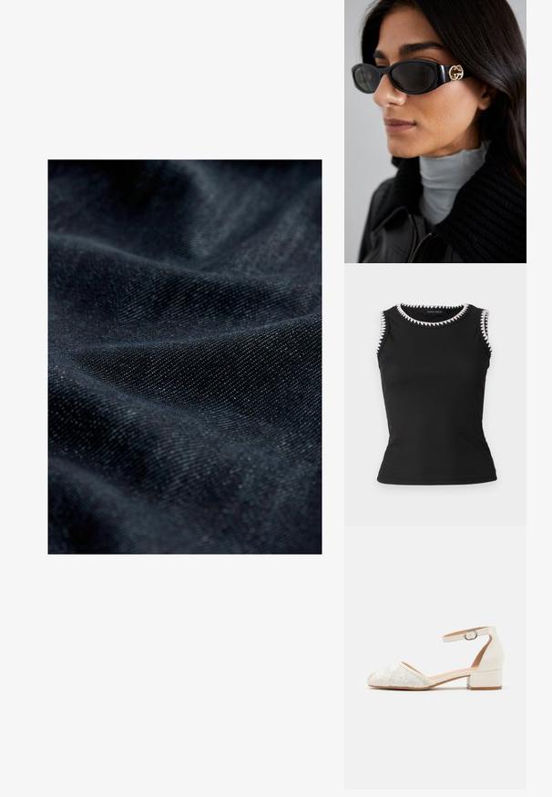 Top senza maniche nero con texture a coste; presenta un bordino zigzag bianco attorno al collo e alle aperture delle braccia; design aderente.; Tessuto di denim scuro con una trama sottile, caratterizzato da una superficie liscia e una leggera lucentezza, che presenta motivi piegati e drappeggiati.; Scarpa bianca con cinturino alla caviglia in pizzo, con tacco basso e spesso e design a punta. Fodera interna liscia, parte superiore in pizzo texturizzato e dettaglio della fibbia.; Occhiali da sole neri con una montatura rettangolare elegante e un accento del logo dorato sul lato. Le lenti scure e la finitura lucida sono evidenti.