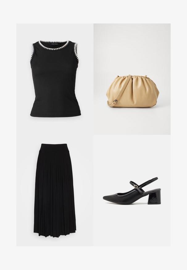 Schwarzes ärmelloses Top mit geripptem Textur; verfügt über einen weißen Zickzackbesatz am Ausschnitt und an den Armlöchern; figurbetonter Schnitt.; Schwarzer plissierter Rock mit breitem, dehnbarem Bund. Gefertigt aus weichem Stoff, mit vertikalen Falten für eine fließende Silhouette.; Schwarze Lackleder-Slingback-Absätze mit spitzer Zehenform, einem runden Ausschnitt-Design und einem Blockabsatz. Mit einem goldfarbenen Schnallenakzent.; Tasch in hellbraunem Leder mit gefälteltem Design, verstellbarem Tragegurt und runder Form. Minimalistische Markenkennzeichnung auf der Vorderfläche.