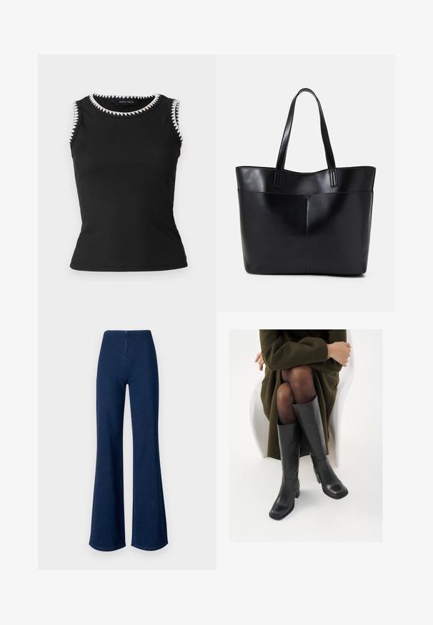 Must mustrakk mustradiga top, millel on ribidega tekstuur; kaeluses ja käeaukudes on valge siksakiline äär; keha lähedal istuv disain.; Tumedatest sinistest flöödidest teksad, mis on valmistatud denimist ja neil on elastne vöökoht. Omavad siledat tekstuuri ja laia jala disaini, mis ulatub hemsse.; Knee-high mustad nahast saapad nelinurkse varbaga ja plokilise kontsaga, esitatud mudeli kõrval, kes istub oliivirohelises mantlis. Sujuv tekstuur, minimaalne detailide arv.; Must mustaga musta nahast, millel on kaks pikka kanda, sile tekstuur ja struktureeritud kuju. Esipoolsel on lisakoti jaoks tasku.