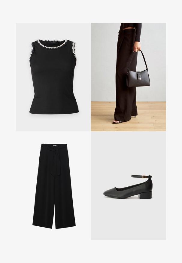 Čierny top bez rukávov s rebrovanou textúrou; obsahuje biely cik-cak lem okolo výstrihu a otvorov na rukávy; priliehavý strih.; Čierne široké nohavice s textúrovanou tkaninou, elastickým pásom a odnímateľným viazaním na páse pre nastaviteľné priliehanie.; Čierne kožené lodičky s špicatou špičkou a nízkym blokovým podpätkom. Obsahuje remienok okolo členka so zlatým prackou. Hladký povrch.; Čierna kabelka so štruktúrovaným tvarom, hladkou textúrou a kovovou sponou. V kombinácii so širokými čiernymi nohavicami a sandálmi s otvorenou špičkou na drevenej podlahe.