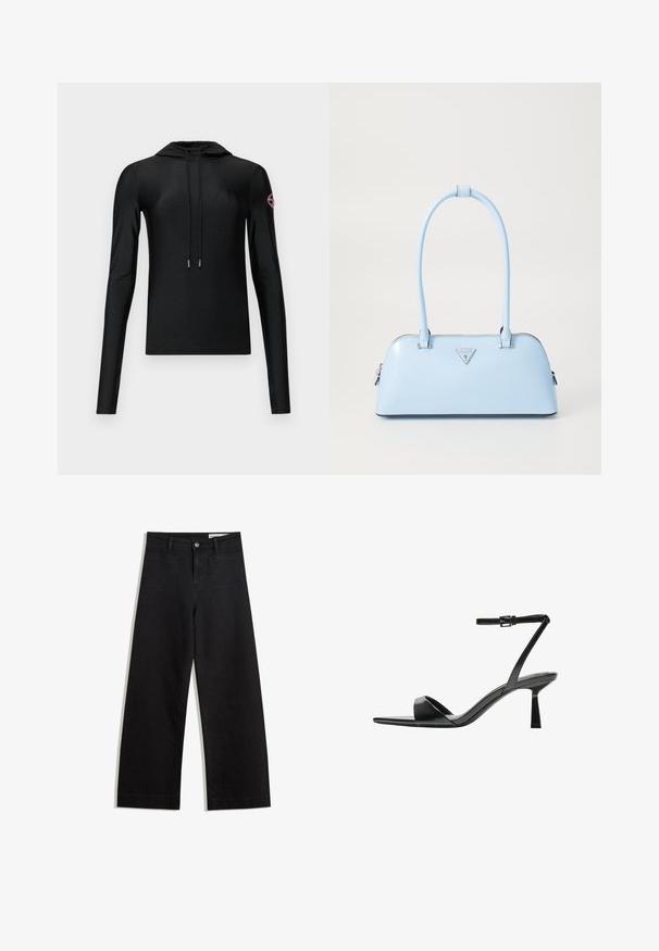 Schwarzes, langärmliges Oberteil mit Kapuze und taillierter Passform, ausgestattet mit einem vorderen Kordelzug und einem runden Logopatch in Pink am rechten Ärmel.; Schwarze weit geschnittene Jeans mit hoher Taille, ausgestattet mit Vorder- und Hintertaschen, gesteppten Nähten und einem Knopfverschluss. Glatte Textur.; Bershka High Heel Sandalette - black; Helle blaue Handtasche mit strukturierter Form, glattem Leder, zwei Griffen und einem dreieckigen Markenlogo auf der Vorderseite. Mit Reißverschluss.