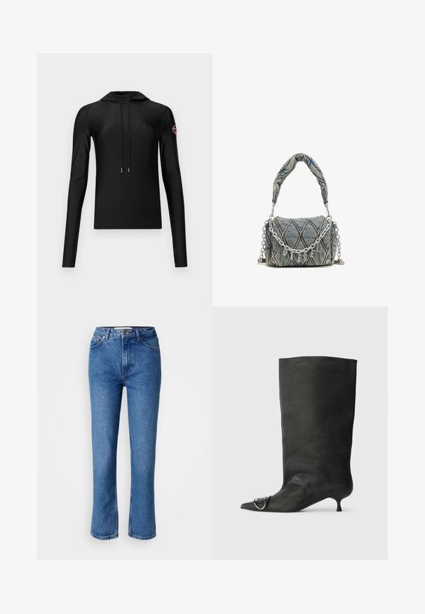 Melnas kapuces garajām piedurknēm blūze ar pieguļošu dizainu, kas ir aprīkota ar priekšējo auklu un, labajā piedurknes daļā, ir apaļa rozā logotipa uzlīme.; Zilā džinsā ar taisnu kāju griezumu, ar klasisku piecu kabatu dizainu, oranžiem šuvumiem un pogu aizdari.; Melnas ādas potīšu zābaki ar smailu purngalu, mazu papēdi un metāla akcentu uz purngala. Gluda, matēta virsma visā zābaku garumā.; Denim soma ar izšūtu rakstu, zila krāsa, īsa sapītas rokturis un sudraba ķēdes siksna ar metālisku zīmola uzrakstu.