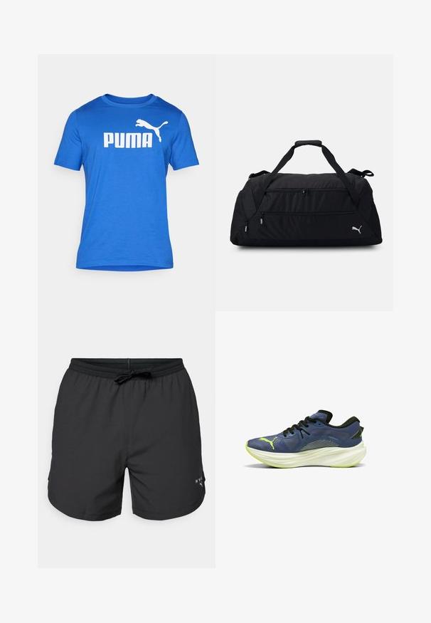 Modré trikotu s krátkým rukávem vyrobené z hladkého materiálu s kulatým výstřihem. Obsahuje velké bílé logo „PUMA“ a grafiku skákajícího pumy.; Černé plavkové šortky s elastickým pasem a stahovací šňůrkou. Lehce látka s bočními kapsami. Obsahuje malé logo na lemu.; Modré sportovní boty s texturovaným síťovým svrškem, černými tkaničkami a zakřivenou bílou mezipodešví. Obsahují zelený akcent a logo na boku.; Černá sportovní taška vyrobená z odolné látky, s dvěma zipovými přihrádkami, polstrovanými uchy a bílým logem Puma na boku.