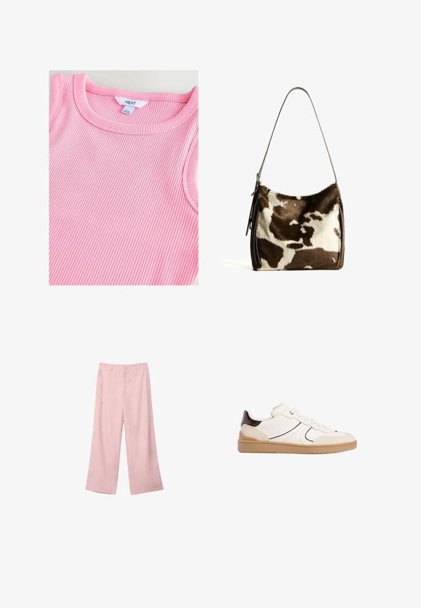 Vaaleanpunainen ribbitekstuuriinen hihaton paita, jossa on pyöreä kaula-aukko. Paidan pinta on pehmeä ja reunat sileät. Kauluksessa on merkintä "NEXT".; Vaaleanpunaiset leveälahkeiset housut, jotka on valmistettu sileästä kankaasta. Niissä on muotoiltu vyötärö ja suoraviivaiset, virtaavat lahkeet ilman näkyviä kuvioita tai varusteita.; Stradivarius Matalavartiset tennarit - white; Ruskea ja kerma cowhide-olkalaukku, jossa on sileä nahkahihna, vetoketju ja pehmeä, teksturoitu pinta, jossa on luonnollinen kuvio.