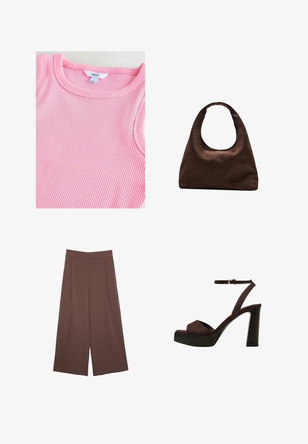 Světlá růžová žebrovaná tílko s kulatým výstřihem, které má měkkou texturu a hladké okraje, uvnitř límce označeno "NEXT".; Hnědé široké kalhoty s hladkou texturou, vysokým pasem a předními záhyby. Materiál je lehký a volně splývá.; Hnědé semišové sandály na vysokém podpatku s otevřenou špičkou, nastavitelným páskem kolem kotníku a proužkovou platformou.; Měkká hnědá kabelka ve stylu hobo s jedním širokým popruhem a zakřiveným horním otvorem, vystavená na bílém pozadí.