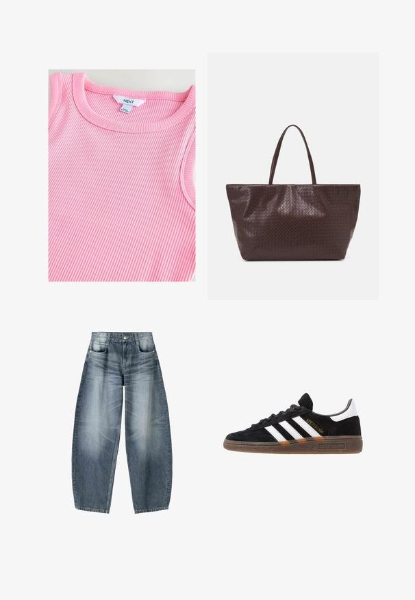 Lichtroze geribde tanktop met een ronde hals, met een zachte textuur en gladde randen, gelabeld met "NEXT" aan de binnenkant van de kraag.; Wijd gesneden jeans van lichtblauwe denim met vervaging, met een vijf-pocket ontwerp, knoopsluiting en minimale stikdetails.; Zwarte Adidas sneaker met witte strepen, gouden "Spezial" tekst, gumzool en witte hieltab, weergegeven in zijaanzicht.; Bruine gevlochten leren tote bag met twee handvatten, een gestructureerde vorm en een getextureerd oppervlak, met een diamantpatroon overal.