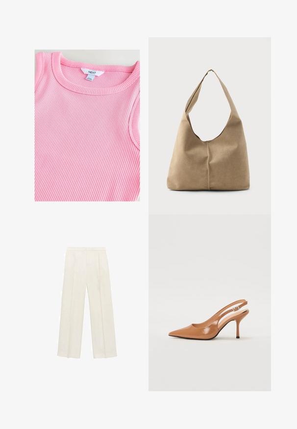 Svetloružový rebrovaný top s okrúhlym výstrihom, s jemnou textúrou a hladkými okrajmi, označený „NEXT“ vo vnútri goliera.; Široké nohavice vo svetlej krémovej farbe. Vyrobené z hladkej látky s skladmi vpredu a bočnými vreckami.; Sandal s úzkym podpätkom a špicatou špičkou v hladkej lesklej hnedej materiáli. Obsahuje zakrivený výrez a štíhly ihlový podpätok. Strieborný prackový detail.; Hobo taška z mäkkej béžovej semišovej kože so splývavým tvarom, širokým ramenným popruhom a ručne šitým detailom švu na prednej strane.