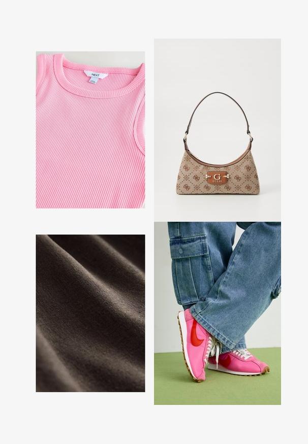 Heledad roosa ribatud tank top ümara kaelusega, millel on pehme tekstuur ja sujuvad ääred, mille sildil on sees kirjas "NEXT".; Tumepruun kangas, millel on sujuv ja tekstureeritud pind, sisaldab peeneid kortse ning omab pehmet, mati välimust. Ideaalne erinevate tekstiilirakenduste jaoks.; Roosa puuvillane ja nahast tossud punaste aktsentidega, valged sidemed ja kummised tallad. Kanda laiadest denimpükstest, millel on küljetaskud.; Beige kangasest kootud kott pruunide mustritega aksentidega. Omab kaarjat vormi, ühte rihma ning esiosas on logoplaat hõbedaste detailidega.