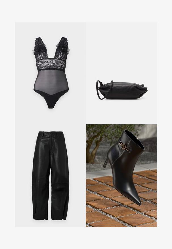 Schwarzer Spitzen-Bodysuit mit transparenten Einsätzen, tiefem V-Ausschnitt und dekorativen Blumenakzenten an den Trägern. Präsentiert einen Tanga-Schnitt und ein filigranes Spitzenmuster.; Schwarze Lederhose mit lockerer Passform, geradem Bein, Fronttaschen und sichtbaren Nähten.; Schwarze Leder-Ankle-Boots mit spitzem Zehen und kleinem Absatz. Mit einem goldenen Kettenakzent am Knöchel. Umgeben von einer strukturierten Steoberfläche.; Schwarze Leder-Clutch mit rechteckiger Form, glatter Textur, dünnem Schulterriemen und minimalistischer Gestaltung.