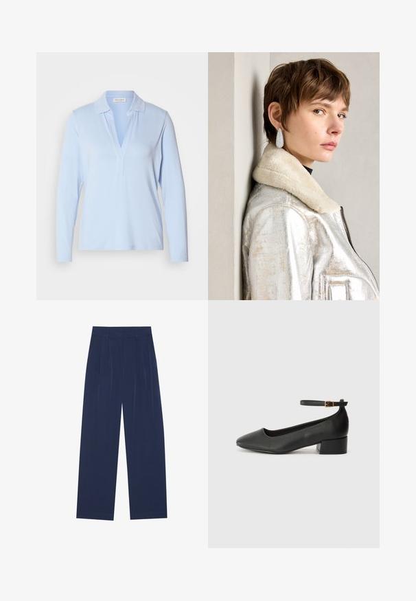 Šviesiai mėlyna ilgomis rankovėmis palaidinė su apykakle ir V formos iškirpte. Pagaminta iš švelnios medžiagos, skirta laisvam prigludimui.; Tamsiai mėlynos plačios kelnės, pagamintos iš minkštos medžiagos, su priekiniu raukiniu, lygiu paviršiumi ir tiesiu siluetu be matomų kišenių.; Juodas odinis aukštakulnis batelis su smailiu pirštu ir žemu bloku. Su kulkšnies dirželiu su auksinės spalvos sagtimi. Lygus paviršius.; Sidabrinė metalinės odos striukė su avikailio apykakle, turinti užtrauktuką ir tekstūruotą paviršių. Dideli ašarų formos auskarai su skaidriais brangakmeniais.