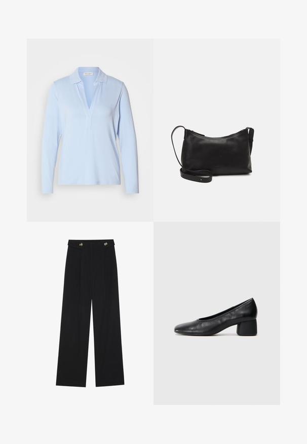 Helles blaues Langarmhemd mit kragenförmigem Ausschnitt und V-Ausschnitt. Hergestellt aus weichem Material, designed für eine lockere Passform.; Schwarze weite Hosen mit hoher Taille, Knopfdetails am Bund und vorderen Falten.; Schwarze Lederpumps mit runder Zehenpartie und mittelhohem Blockabsatz. Glatte Textur mit minimalen Details, ausgestattet mit einem dezenten elastischen Einstieg.; Schwarze Ledertasche für die Schulter mit glatter Textur, geschwungener Form, verstellbarem Tragegurt und Reißverschluss. Minimalistisches Design ohne Verzierungen.
