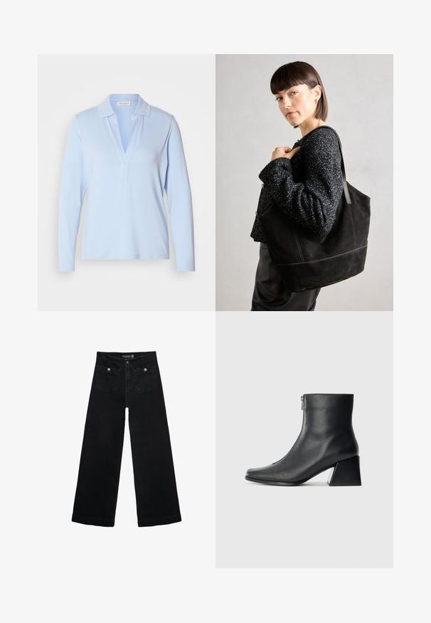 Svetlomodrá dlhá košeľa s golierom a výstrihom do V. Vyrobená z mäkkého materiálu, navrhnutá na voľný strih.; Čierne široké nohavice s vysokým pásom, s dvoma prednými vreckami a kovovými detailmi na gombíku. Tkanina má hladkú textúru.; Čierna kožená členková obuv so štvrcovým špičkou, bočným zipsom a blokovým podpätkom na jednoduchom svetlom pozadí.; Čierna semišová taška so hladkou textúrou, štruktúrovaným tvarom a kontrastným šitím. Obsahuje dlhé popruhy na nosenie na ramene.