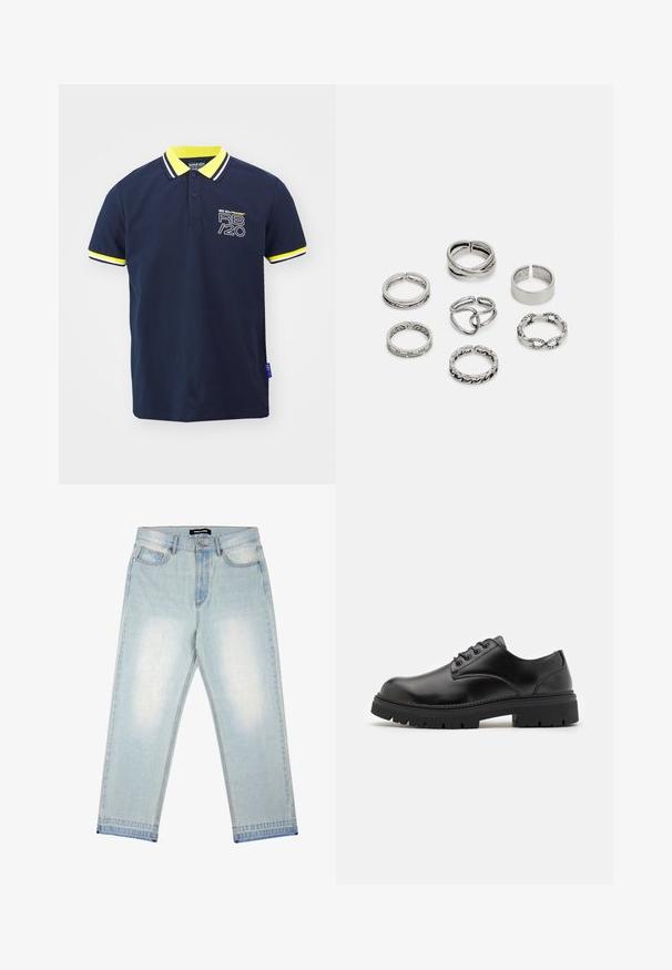 Námorně modré polo tričko s pruhovaným límcem a rukávy v žluté a bílé barvě. Na přední straně se nachází logo Red Bull Racing. Krátké rukávy.; Pegador BARROW - Volné džíny - sand washed blue; Černé kožené boty s zaoblenou špičkou, šněrovacím designem a silnou, strukturovanou gumovou podrážkou. Vyznačují se prošíváním po okraji a hladkým povrchem.; Sada sedmi stříbrných prstenů s různými vzory, včetně zamotaných, propletených a rytých motivů. Různé tvary a šířky.