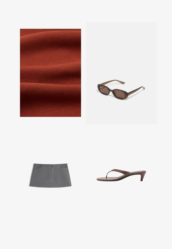 Thinking Mu HARRIET - Top - brown; Gray skirt featuring a straight cut, two front pockets, a front button closure, and a subtle texture pattern.; Brown heeled flip-flop sandal with a slender strap and rounded toe post, featuring a small gold accent on the footbed.; Brown oval sunglasses with dark lenses. Frame has a transparent brown material and features a logo printed on the temples.; Tan suede handbag with two long handles, rectangular shape, and decorative stitching. Features a side strap and subtle gold hardware accents.