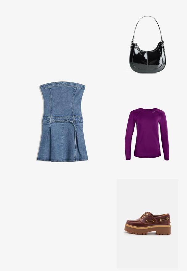 Langærmet skjorte i lilla, lavet af glat stof med rund halsudskæring og raglanærmer. Har et lille mærke-logo på forsiden.; Denimkjole med struktureret bodice, blå farve, svajet skørt og plisseret detalje. Har justerbar talje og lynlås-lukning.; Brune læder bådsko med en kraftig brun gummisål, gyldne snørehuller og kontraststing. Har et logo på siden.; Sort patent læder håndtaske med en buet design, lynlåslukning og en enkelt skulderrem med sølvfarvet hardware og syninger som accents.