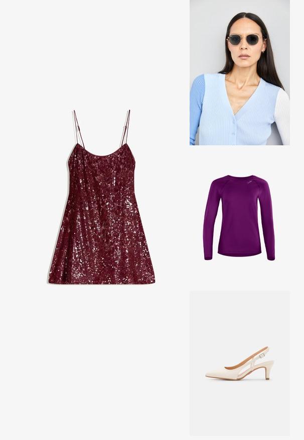 Dlhý rukáv košele v purpurovej farbe, vyrobená z hladkého materiálu, s okrúhlym výstrihom a raglánovými rukávmi. Má malé logo značky na prednej strane.; Burgundská šatka s flitrami s tenkými nastaviteľnými ramienkami, v tvare A a lesklou textúrou, s úplným pokrytím flitrami pre iskru.; Biele slingback topánky na podpätku s ostrou špičkou, hladkým vrchným materiálom, nízkym blokovým podpätkom a bočným výrezom s nastaviteľným remienkom na pracku.; Okrúhle slnečné okuliare s tmavými šošovkami a zlatým rámom. Modelka má na sebe svetlomodrý pletený kardigán s gombíkmi a bielymi rukávmi v kontraste.; Michael Kors zápästná taška v béžovej potiahnutej plátenej tkanine s opakujúcim sa vzorom loga MK, zlatým kovania a odnímateľným reťazovým popruhom.