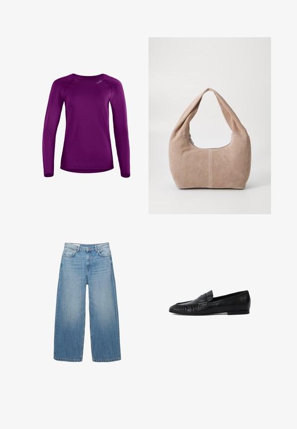 Hosszú ujjú, sima anyagból készült lila ing, kerek nyakkivágással és raglán ujjakkal. A elején egy kis márkajelzés található.; Világoskék, bő szárú farmernadrág, klasszikus öt zsebes kialakítással és gombos záródással. A nadrág elhasználódott textúrával rendelkezik.; Fekete bőr mokaszinok kerek orral, elől varrott részletekkel és lapos talppal. Minimalista design diszkrét logós accentsel.; Puha, velúr anyagból készült hobo táska világos bézs színben. Jellemzője a kerek forma, széles pánt és cipzáras záródás.