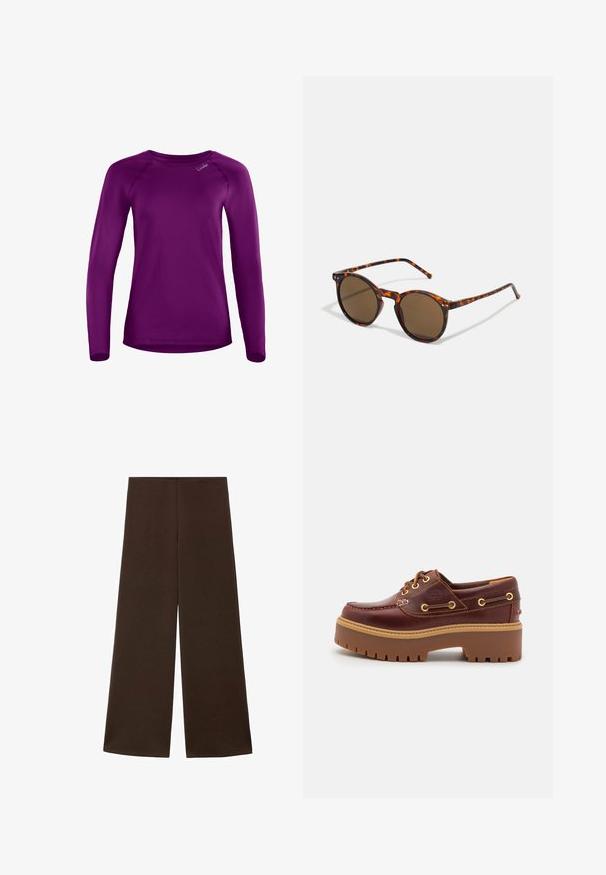Lange mouwen shirt in paars, gemaakt van soepele stof met een ronde halslijn en raglanmouwen. Heeft een klein merkembleem op de voorkant.; Wijdvallende broek gemaakt van een gladde, donkerbruine stof. Kenmerkt zich door een hoge tailleband en een minimalistisch ontwerp zonder versieringen.; Bruine leren botenschoenen met een stevige bruine rubberen zool, gouden ogen en contraststiksels. Heeft een logo aan de zijkant.; Ronde zonnebril met een schildpadprint frame en bruine lenzen. Bevat dunne pootjes met een lichte textuur en metalen accenten bij de lenzen.