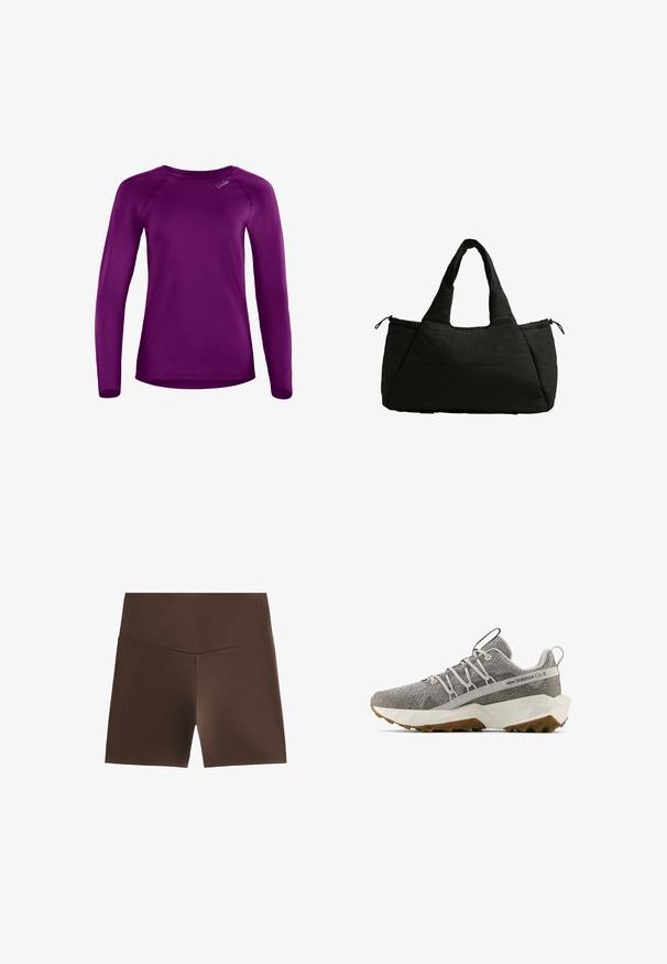 Fialová košile s dlouhými rukávy vyrobená z hladké látky, s kulatým výstřihem a raglánovými rukávy. Na přední straně se nachází malé logo značky.; Hnědé sportovní šortky s vysokým pasem, vyrobené z elastického materiálu, s hladkou texturou a jednoduchým designem bez vzorů.; Šedá teniska New Balance s texturovaným pleteným svrškem, bílou geometrickou podrážkou, hnědým vzorkem, elastickým designem tkaniček a poutky na jazyku a patě.; Černá taška přes rameno s nadýchanou texturou, vybavená dvěma krátkými uchy a boční kapsou uzavřenou šňůrkou. Jednoduchý, úhlový design.