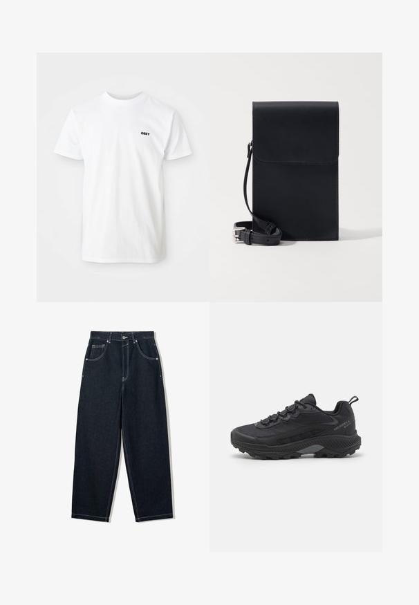 Vit bomulls T-shirt med korta ärmar och rundad halsringning, med en liten svart "OBEY" logotyp på vänster bröst.; Breda, mörka denimjeans med kontrasterande vit söm, fem fickor och knappstängning. Har en hög midjedesign.; Svart trail löparsko med texturerad mesh-övre, förstärkt gummikåpa och robust yttersula. Reflekterande detaljer och stödjande häldesign.; Svart läder crossbody-väska med klaffstängning, justerbar rem, slät textur och minimalistisk design. Subtila sömmar synliga.
