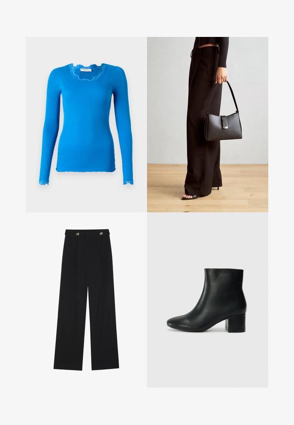 Modrý dlouhý rukáv svůdný top s vroubkovaným límcem a lemem. Tkanina vypadá hladce; obsahuje jemné krajkové detaily na rukávech.; Černé široké kalhoty s vysokým pasem, detailní knoflíky na pase a přední záhyby.; Černé kožené kotníkové boty s špičatou špičkou a robustním podpatkem. Hladký povrch s minimálními akcenty a elegantním, přiléhavým designem.; Černá kabelka se strukturovaným tvarem, hladkým povrchem a kovovým uzávěrem. Kombinována s širokými černými kalhotami a sandály s otevřenou špičkou na dřevěné podlaze.