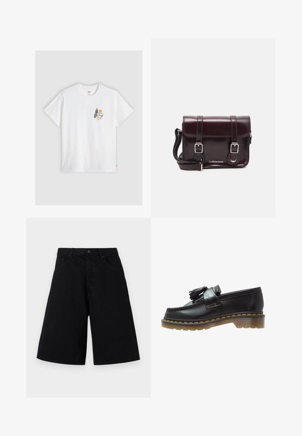Levi's® RELAXED FIT TEE - Apdrukāts T-krekls - bright white; Melnās denima šorti ar brīvu piegriezumu, ar klasisku piecu kabatu dizainu un pogu aizdari, gludu tekstūru un taisnas kājas piegriezumu.; Melni ādas loafers ar teksturētu apdari, ar dekoratīvu pušķi un kontrastējošām dzeltenām šuvēm, uz masīvas caurspīdīgas zoles.; Burgundijas lakotas ādas crossbody soma ar taisnstūrveida formu, divām siksnām, sudraba krāsas aksesuāriem un vāku ar aizdari.