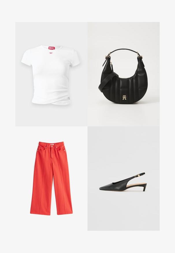 Witte korte mouwen t-shirt van ribbelstof, met een klein rood Diesel-logo op de borst en een gedraaide detail nabij de zoom.; Rode wijde broek gemaakt van katoen, met een hoge taille, voorzakken en een enkele knoopsluiting met een ritssluiting.; Zwarte leren slingback hak met een eveneens spitse neus, lage hak en een verstelbare enkelband met een goudkleurige gespsluiting. Glad reliëf.; Zwarte leren handtas met een gebogen vorm, gevoerd textuur en gouden hardware. Beschikt over een afneembare schouderband en logo-detail.