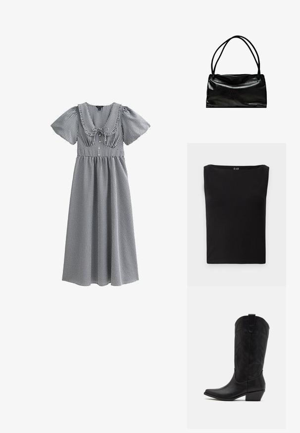 Zwarte fitted top met een vierkante halslijn, gemaakt van zachte katoen, zonder extra patronen of accenten. Eenvoudig en strak ontwerp.; Zwart-witte gingham jurk met korte pofmouwen, een brede halslijn, gathered taille en een rok tot op de knie. Heeft een strik in het midden.; Zwarte leren cowboylaars met spitse neus, lage gestapelde hak en een ingewikkeld geïmbossieerd bladerenpatroon op de schacht. Lus aan de bovenkant voor eenvoudig aantrekken.; Zwarte leren tas met een gladde structuur, rechthoekige vorm en twee lange handgrepen. Eenvoudig ontwerp zonder zichtbare hardware of versieringen.