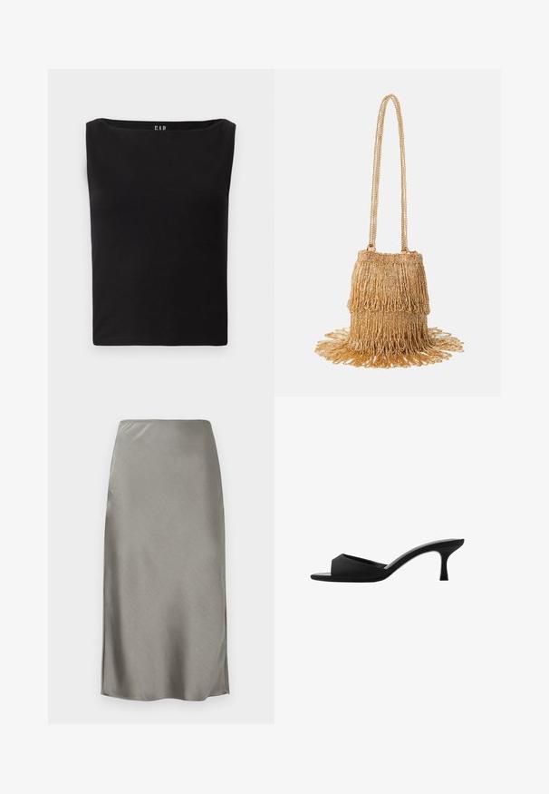 Schwarzes, figurbetontes Oberteil mit quadratischem Ausschnitt, aus weichem Baumwollmaterial, ohne zusätzliche Muster oder Akzente. Einfaches und schlichtes Design.; Grauer Satin-Midirock mit glatter, geschmeidiger Textur. Kleine Seitenschlitze betonen die Bewegungsfreiheit. Minimalistisches Design, figurschmeichelnder Bund und gerade Silhouette.; Schwarze Absatzmules mit einer breiten, offenen Zehenpartie und einem geschwungenen Oberteil. Hergestellt aus strukturiertem Stoff, mit einem schlanken Absatz und einer glatten Sohle.; Goldene Perlenhandtasche mit einem fransigen Design; verfügt über einen Kettenriemen und geschichtete, strukturierte Verzierungen, die von der Basis ausgehen.