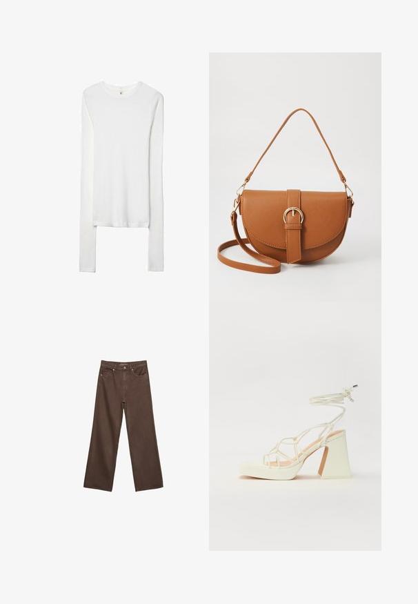 White long-sleeve t-shirt made from soft, stretchy fabric. Features a rounded neck and fitted sleeves with a simple, smooth texture.; Wide-leg brown jeans made of denim, featuring a high waist, front pockets, and a classic button closure. Smooth texture with subtle stitching.; White high-heeled sandal with a chunky heel, featuring a strappy design and ankle tie. Smooth texture with a platform front for added height.; Brown leather crossbody bag with a curved shape, gold hardware, and a buckle accent. Features a detachable shoulder strap.
