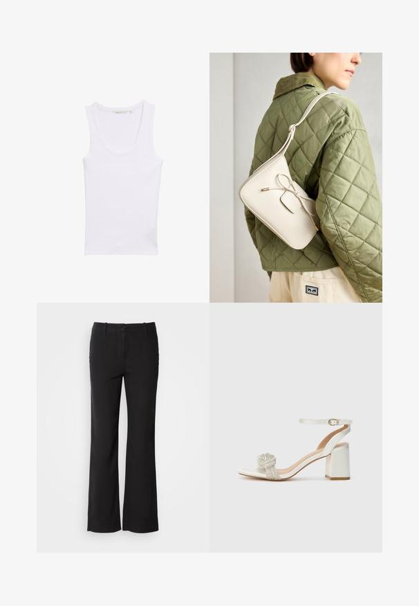 Weißes Baumwoll-Top ohne Ärmel mit Rundhalsausschnitt. Hat eine figurbetonte Silhouette und eine glatte Textur. Keine Muster oder Verzierungen.; Schwarze Baumwollmischungshose mit geradem Bein, vorderem Knopfverschluss und zwei Seitentaschen. Glatte Textur, keine sichtbaren Muster.; Weißer Offene-Toe-Sandalette mit dicker Blockabsatz, ausgestattet mit einem strukturierten Glitzerband über dem Fuß und einem verstellbaren Knöchelriemen.; Beige Leder Crossbody-Tasche mit einer Schleifendetail, goldenen Beschlägen und einem verstellbaren Tragegurt, getragen über einer grünen Steppjacke.