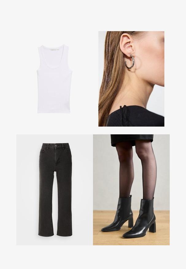 Top din bumbac alb, cu decolteu rotund. Are o siluetă ajustată și o textură netedă. Fără modele sau accente decorative.; Blugi negri cu croi larg din denim, cu închidere frontală cu nasture, bucle pentru curea și cinci buzunare, având o textură ușor decolorată.; Botine negre din piele, cu vârful ascuțit, toc pătrat masiv și un design elegant. Au panouri laterale elastice pentru o îmbrăcare ușoară.; Cercel din argint cu un finisaj polișat, având detalii mici din aur și o formă rotundă, purtat pe lobul urechii.