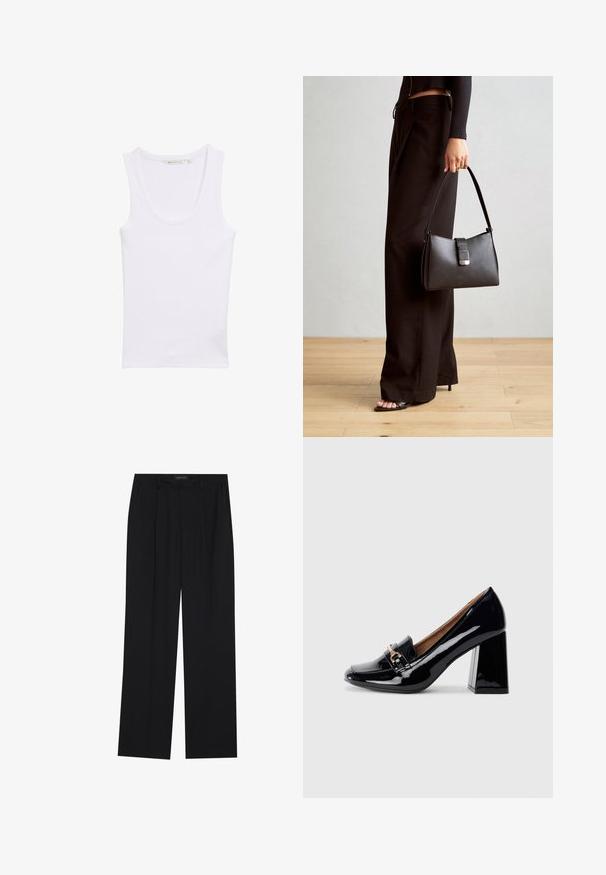 Canotta bianca in cotone con scollatura a barca. Presenta una silhouette aderente e una texture liscia. Senza motivi né decorazioni.; Pantaloni neri con un design a gamba dritta, dotati di due tasche frontali e di una vita. Realizzati in un tessuto morbido e leggero.; Scarpa con tacco alto in pelle verniciata nera con punta affusolata e tacco quadrato. Presenta un cinturino decorativo con dettaglio di fibbia sul collo del piede.; Borsa nera con forma strutturata, texture liscia e una chiusura metallica. Abbinata a pantaloni neri larghi e sandali open-toe su un pavimento in legno.