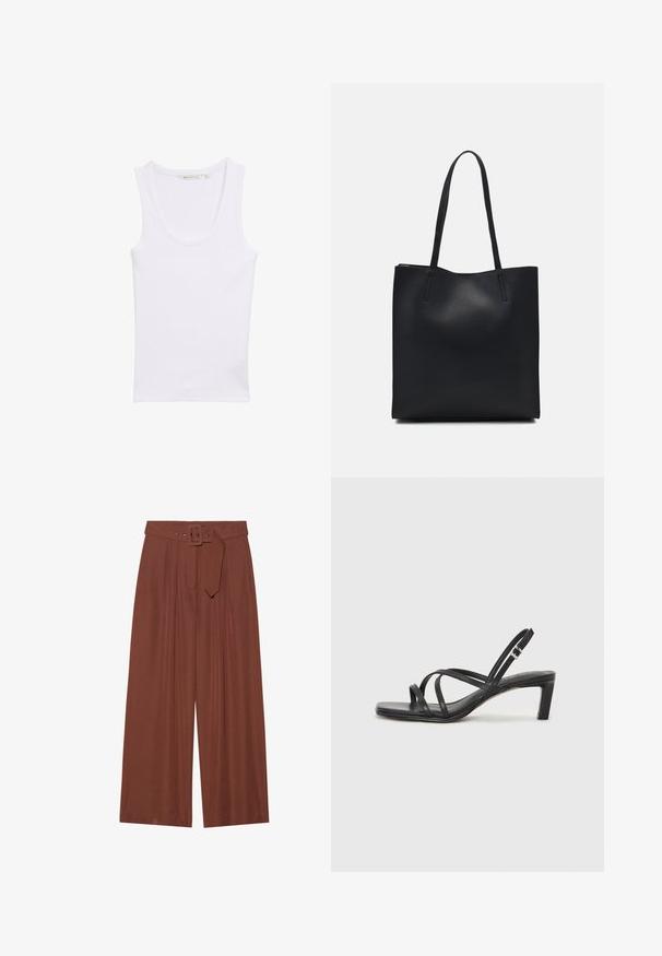 Bílé bavlněné tílko s kulatým výstřihem. Má fitted siluetu a hladkou texturu. Bez vzorů nebo zdobení.; Široké kalhoty z hnědé tkaniny, které mají pás s čtvercovou sponou, sklady a hladkou texturu.; Černé sandály na tenkém podpatku se čtveratou špičkou a nízkým blokovým podpatkem. Mají několik tenkých popruhů a nastavitelné zapínání okolo kotníku. Vyrobeny z hladké kůže.; Černá kožená taška přes rameno s hladkým povrchem, obdélníkovým tvarem a dvěma dlouhými uchy. Žádné viditelné kování ani ozdoby.