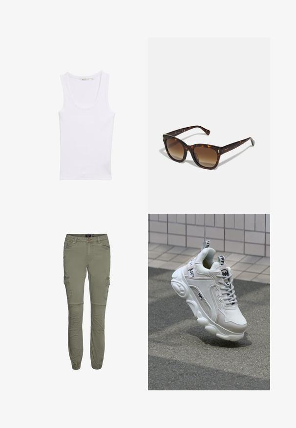 Weißes Baumwoll-Top ohne Ärmel mit Rundhalsausschnitt. Hat eine figurbetonte Silhouette und eine glatte Textur. Keine Muster oder Verzierungen.; Olivgrüne Cargo-Hosen aus strapazierfähigem Baumwollgemisch mit schmalen Bündchen, mehreren Taschen und Kniefalten für zusätzliche Bewegungsfreiheit.; Weißer Sneaker aus Mesh- und Ledermaterialien, mit rundem Zehenbereich, dicker Sohle, auffälligen Schnürsenkeln sowie Branding an der Ferse und der Zunge.; Schildpatt quadratische Sonnenbrille mit braunem Verlaufsglas, ausgestattet mit goldenen Akzenten an den Bügeln und einem dicken, glänzenden Rahmen.