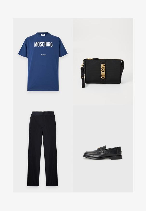 Tricou din bumbac albastru marin cu mâneci scurte, având un text alb îndrăzneț "MOSCHINO" și "Milano" pe piept. De asemenea, are un decolteu rotund.; Pantaloni negri dintr-un material ușor, texturat, cu croială drept pentru picioare, talie elastică și buzunare laterale cu fermoar.; Loafers din piele neagră au un vârf rotunjit, detalii cusute și un mic accent auriu în față. Talpa este plată și discretă.; Clutch din nailon negru cu accesorii aurii, având o bandă centrală cu logo. Include o curea detașabilă și închidere cu fermoar pentru o utilizare în siguranță.