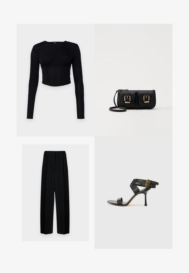 Crop top nero a maniche lunghe realizzato in tessuto texturizzato, con un design aderente e dettagli arricciati sul décolleté.; Pantaloni neri a gamba larga con vita alta, dotati di pieghe e una texture liscia. Il tessuto sembra leggero e si drappeggia in modo elegante.; Sandal nero con tacco a spillo, straps incrociati e fibbia regolabile. Presenta una texture liscia e un tacco affusolato.; Borsa a tracolla nera in pelle con due tasche frontali, fibbie dorate, chiusura con zip e una tracolla sottile. Superficie texturizzata e forma rettangolare compatta.