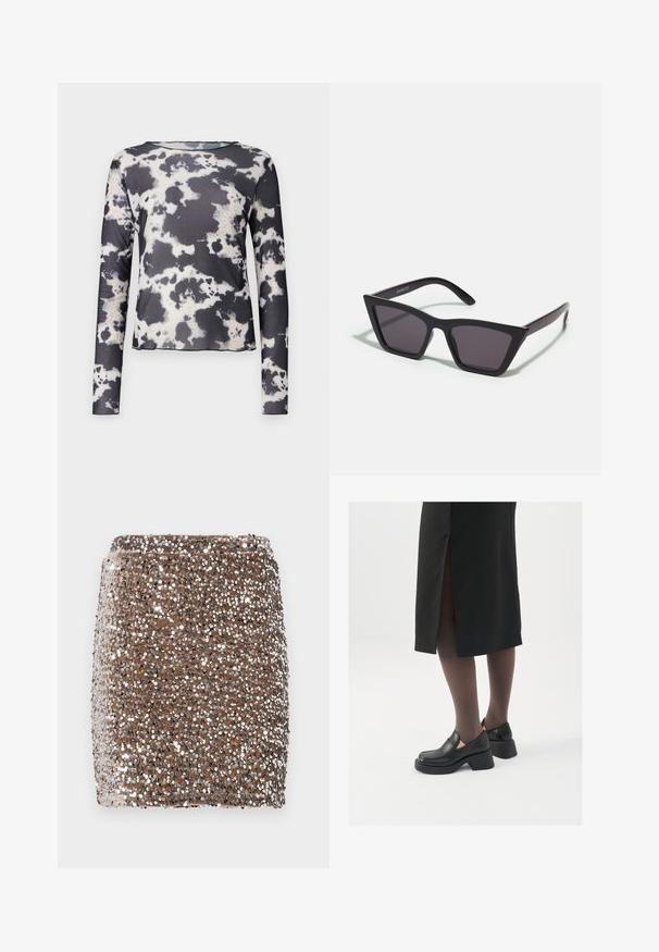 Object OBJMONTANA - Longsleeve - black; Bruine minirok met pailletten in een aansluitend ontwerp, bedekt met reflecterende zilveren pailletten die een gestructureerd, glinsterend effect creëren.; Zwarte leren schoenen met een ronde neus, dikke blokhak en elastische zijkanten, gecombineerd met donkere panty's en een zwarte rok met een split.; Zwarte, hoekige zonnebril met grijze lenzen; gemaakt van plastic, met dikke armen met een gladde oppervlakte en zonder zichtbare hardware.; Zilveren hoepel oorbellen met een minimalistisch ontwerp. Cirkelvormig, gladde textuur en dun profiel. Lichtgewicht met een gepolijste afwerking.