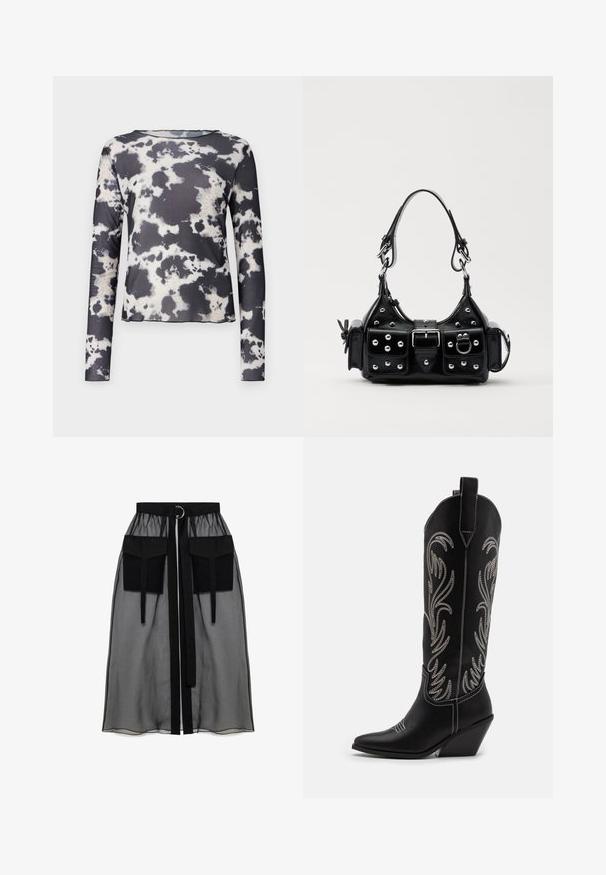 Object OBJMONTANA - Top dugih rukava - black; Crna prozirna suknja s nabranim pojasom, koja ima dva velika prednja džepa, remen oko struka i okrugli metalni detalj.; Crne kožne kauboj čizme s šiljastim prstima, klinastim potpeticama i srebrnim izvezenim cvjetnim uzorcima duž osovine. Kontrastni šavovi posvuda.; Crna kožna torba s zakrivljenim dizajnom, koja sadrži srebrne zakovice, kopču i dva bočna džepa. Podesiva traka za različite opcije nošenja.