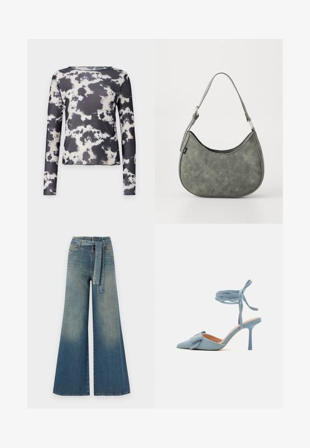 Object OBJMONTANA - Tops ar garām piedurknēm - black; Platām kājām džinsu bikses ar gaismas līdz tumši zilam gradientam, augstu jostas līniju, jostas cilpām un atbilstošu auduma jostu. Tekstūrēts džinsas apdare.; Zilnīšu augstpapēžu kurpes ar norādītu purngalu, izgatavotas no gaiši zilas auduma ar teksturētu apdari, ar loku akcentu un potītes siksniņu drošai piestiprināšanai.; Zaļa mākslīgās ādas plecu soma ar izliekta forma, regulējamu siksnu un gludu tekstūru. Iekļauj augšējo atveri un minimālas šuvju detaļas.