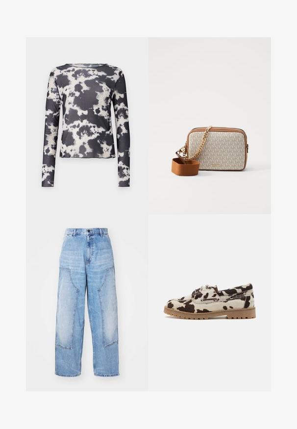 Object OBJMONTANA  czarny; Jasnoniebieskie spodnie dżinsowe o szerokich nogawkach z dwoma dużymi przednimi kieszeniami, z zapięciem na guzik i subtelnym wyblaknięciem. Haftowane detale na kieszeniach.; Buty w wzór skóry bydła z kremową bazą i ciemnobrązowymi plamami, wykonane z gumowej podeszwy i z detalami na sznurówki.; Torebka na ramię z kremowym materiałem, zdobionym powtarzającym się wzorem logo MK, z brązowymi skórzanymi detalami oraz złotym łańcuszkiem, z odczepianym brązowym paskiem.