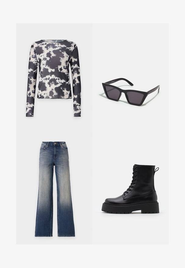Object OBJMONTANA - Topper langermet - black; Høytlivde brede jeans i lys til mørk blå denim med falming, med knappelukking og beltehemper. Rene kanter og ingen synlige dekorasjoner.; Sorte skinn ankelstøvler med rund tå, snøring foran og tykk gummisåle med teksturert mønster. Håndtak bak.; Svarte, kantete solbriller med grå linser; laget av plast, med tykke stenger som har en glatt overflate og ingen synlige festemidler.; Sølvfarget metallisk poseveske med en myk, avrundet form og en knyttet topplukking. Laget av glatt imitert skinn.