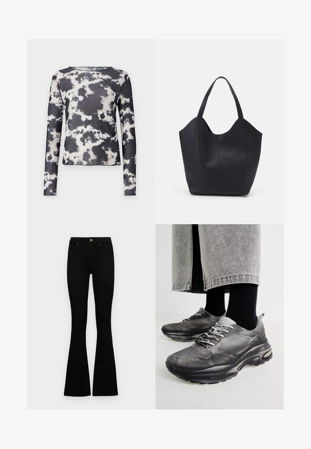 Object OBJMONTANA - Maglietta a manica lunga - black; Jeans neri a vita alta con chiusura a bottoni e zip, tasche frontali e gambali svasati, distesi su uno sfondo bianco.; Le scarpe da ginnastica nere e grigie presentano una tomaia in rete, suole spesse e lacci. Hanno una punta arrotondata e un dettaglio di ammortizzazione visibile.; Borsa tote nera realizzata in pelle liscia, con una parte superiore curva e aperta, dotata di due manici per spalla e un design minimalista.