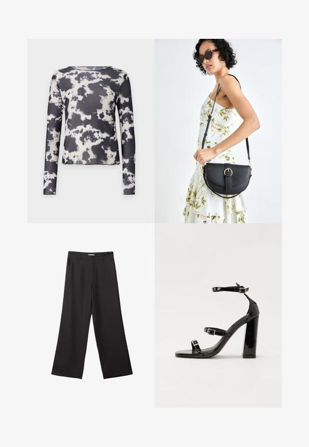 Object OBJMONTANA - Longsleeve - black; Zwarte wijde broek van gladde stof, met een ritssluiting aan de voorkant en twee zijzakken, een getailleerde pasvorm en een minimalistisch ontwerp.; Zwarte gepatenteerde sandalen met hak en een vierkante neus, enkelbandjes en zilveren gespen. Heeft een stevige blokhak voor stabiliteit.; Zwarte leren handtas met een gebogen vorm, afneembare schouderband en gouden hardware. De tas heeft een klep met een gespsluiting.